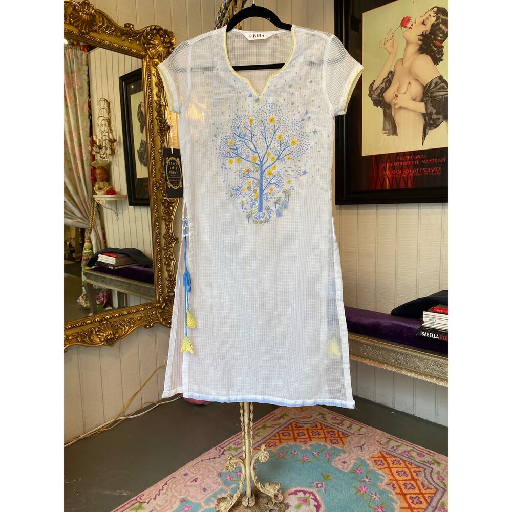 vintage 1990s indian tunic novelty print embroidered tree birds 90s shirt dress